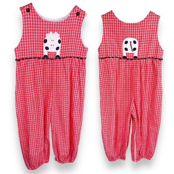 Vintage Other - Vintage Funtasia Red Gingham Cow Appliqué Longalls Romper Outfit 3T